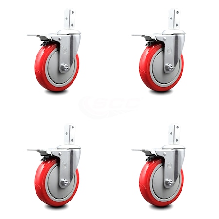 5 Inch Red Poly Wheel Swivel 7/8 Inch Square Stem Caster Set Total Lock Brake